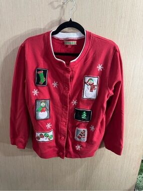 Holiday Traditions Red Holiday Embroidered Snowman Cotton Blend Cardigan Medium